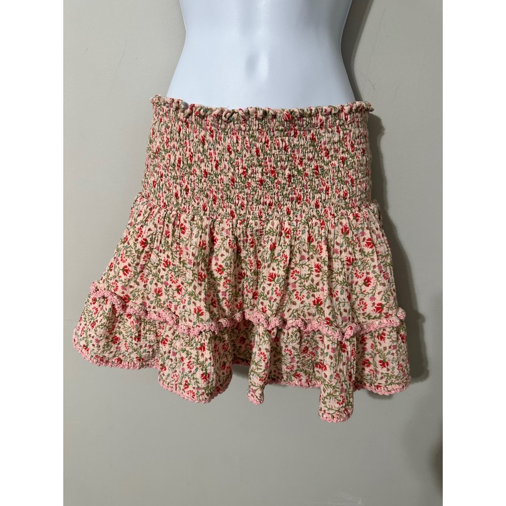 SHE‎ MADE ME Smocked Floral Mini Skirt Ruffle Trim Pink Green Boho Beach XS S